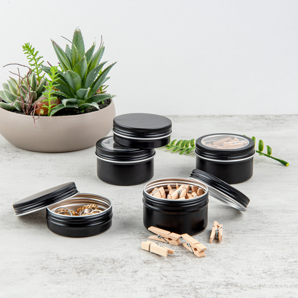 Chef 101 4 oz Round Black Tin Container - with Window Lid - 100 count box