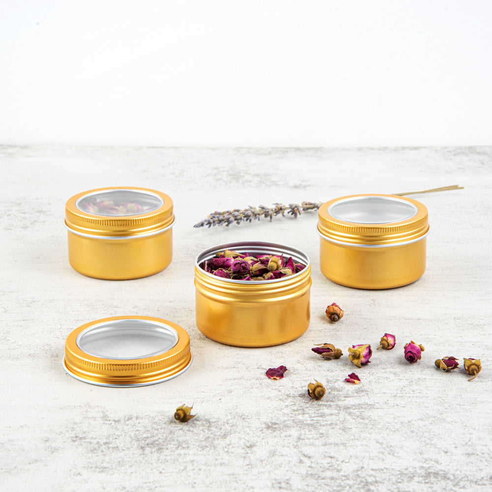 Chef 101 4 oz Round Gold Tin Container - with Window Lid - 100 count box
