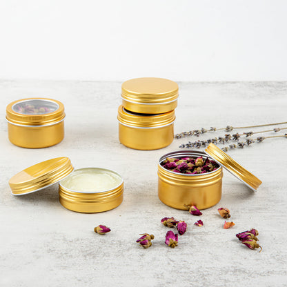 Chef 101 4 oz Round Gold Tin Container - with Window Lid - 100 count box