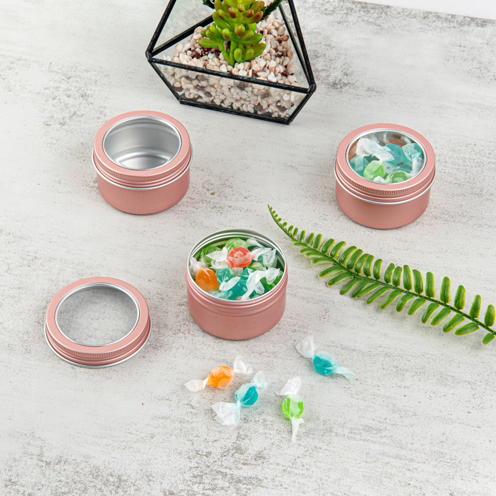Chef 101 4 oz Round Rose Gold Tin Container - with Window Lid - 10 count box