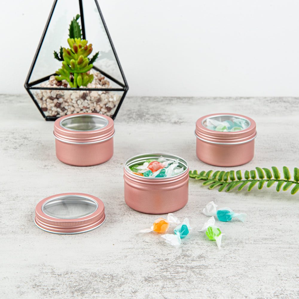 Chef 101 4 oz Round Rose Gold Tin Container - with Window Lid - 10 count box
