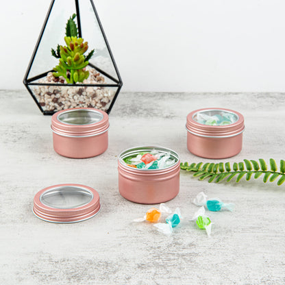 Chef 101 4 oz Round Rose Gold Tin Container - with Window Lid - 10 count box