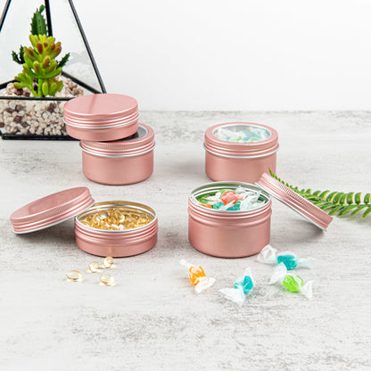 Chef 101 4 oz Round Rose Gold Tin Container - with Window Lid - 10 count box