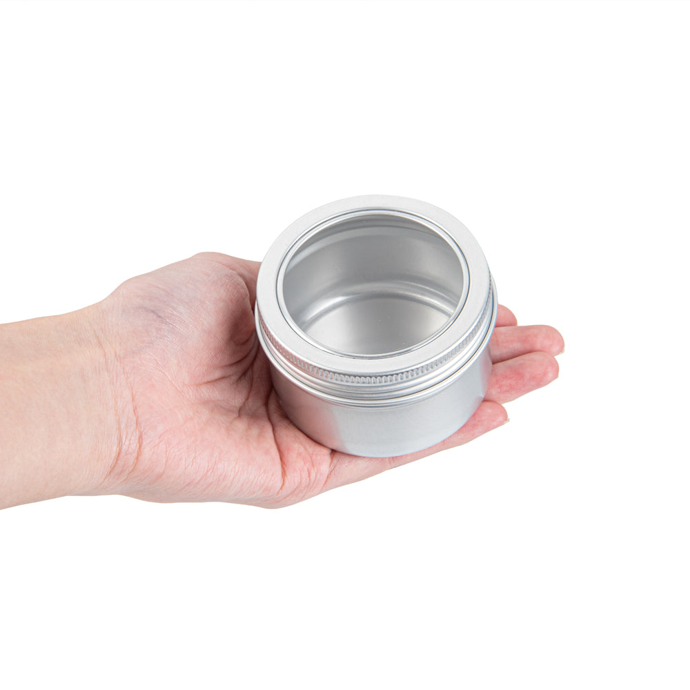 Chef 101 4 oz Round Silver Tin Container - with Window Lid - 10 count box