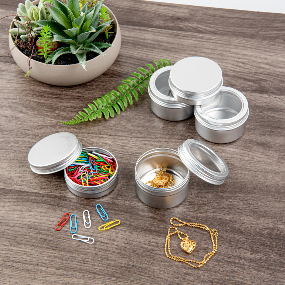 Chef 101 4 oz Round Silver Tin Container - with Window Lid - 10 count box