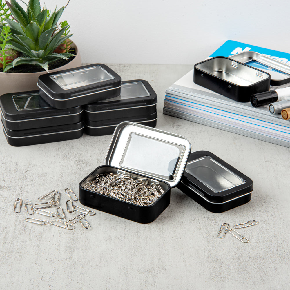 Chef 101 4 oz Rectangle Black Tin Container - with Window Lid - 10 count box