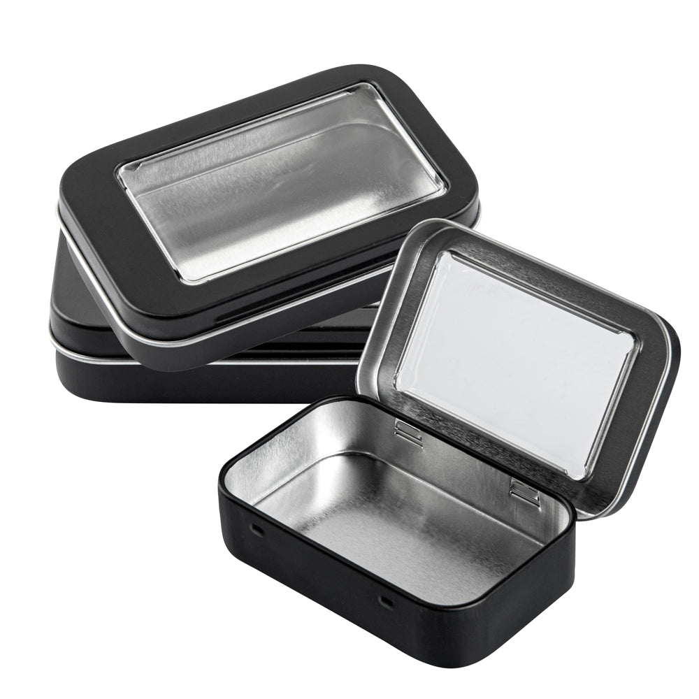 Chef 101 4 oz Rectangle Black Tin Container - with Window Lid - 100 count box