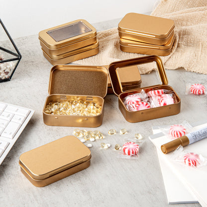 Chef 101 4 oz Rectangle Gold Tin Container - with Window Lid - 10 count box