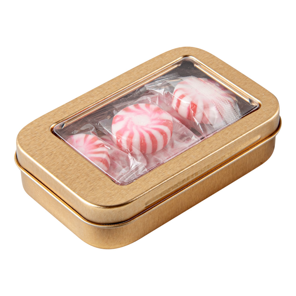 Chef 101 4 oz Rectangle Gold Tin Container - with Window Lid - 100 count box