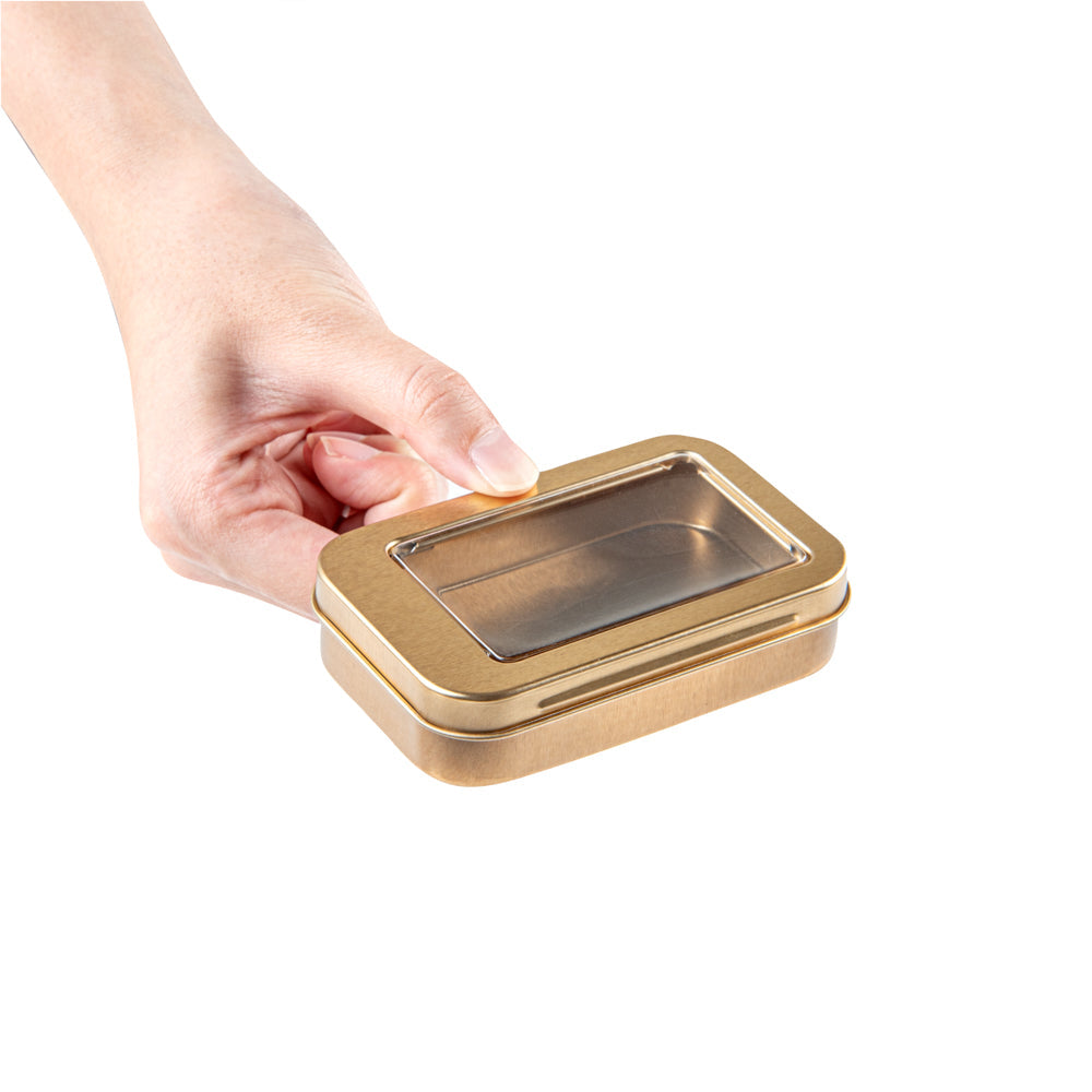 Chef 101 4 oz Rectangle Gold Tin Container - with Window Lid - 100 count box