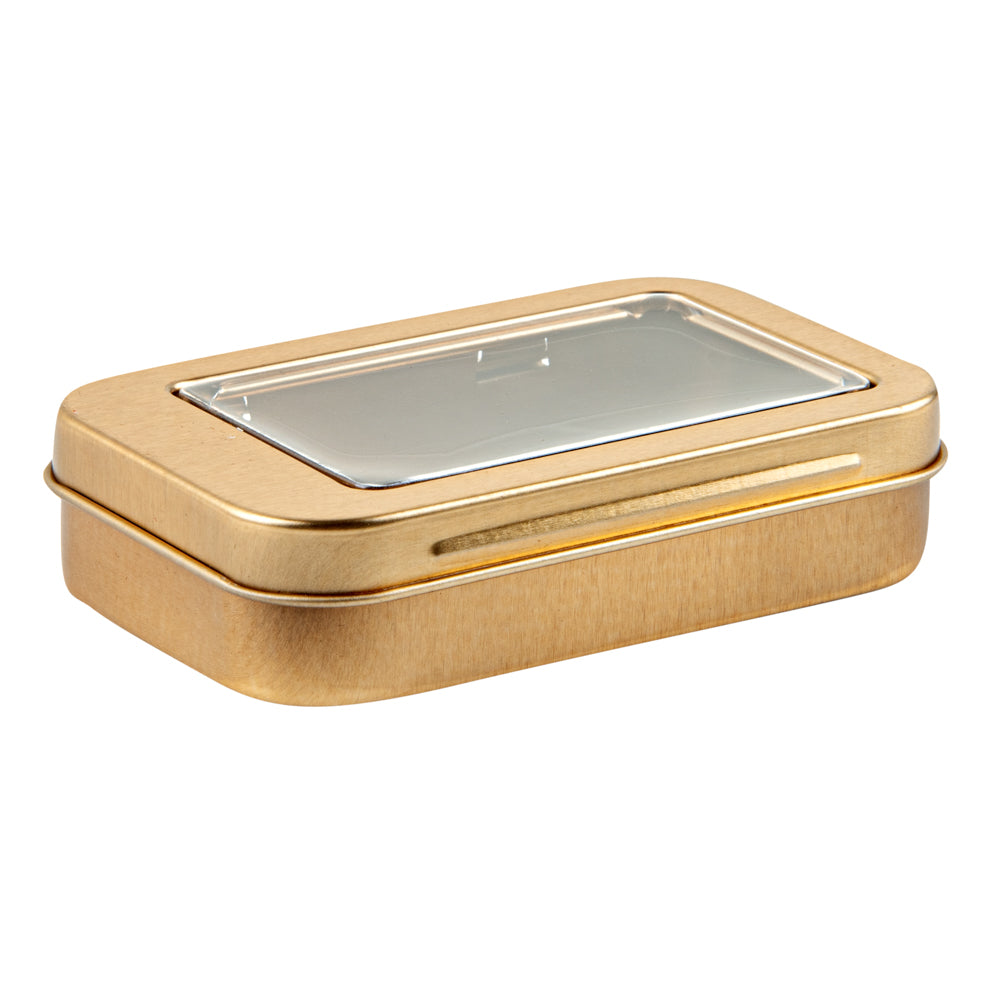 Chef 101 4 oz Rectangle Gold Tin Container - with Window Lid - 100 count box