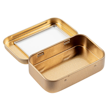 Chef 101 4 oz Rectangle Gold Tin Container - with Window Lid - 100 count box