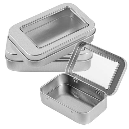 Chef 101 4 oz Rectangle Silver Tin Container - with Window Lid - 10 count box