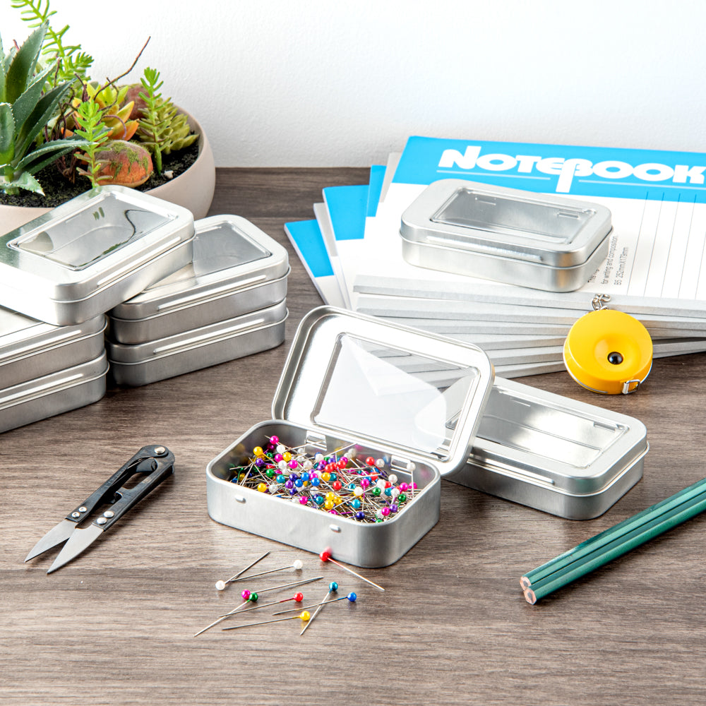 Chef 101 4 oz Rectangle Silver Tin Container - with Window Lid - 10 count box