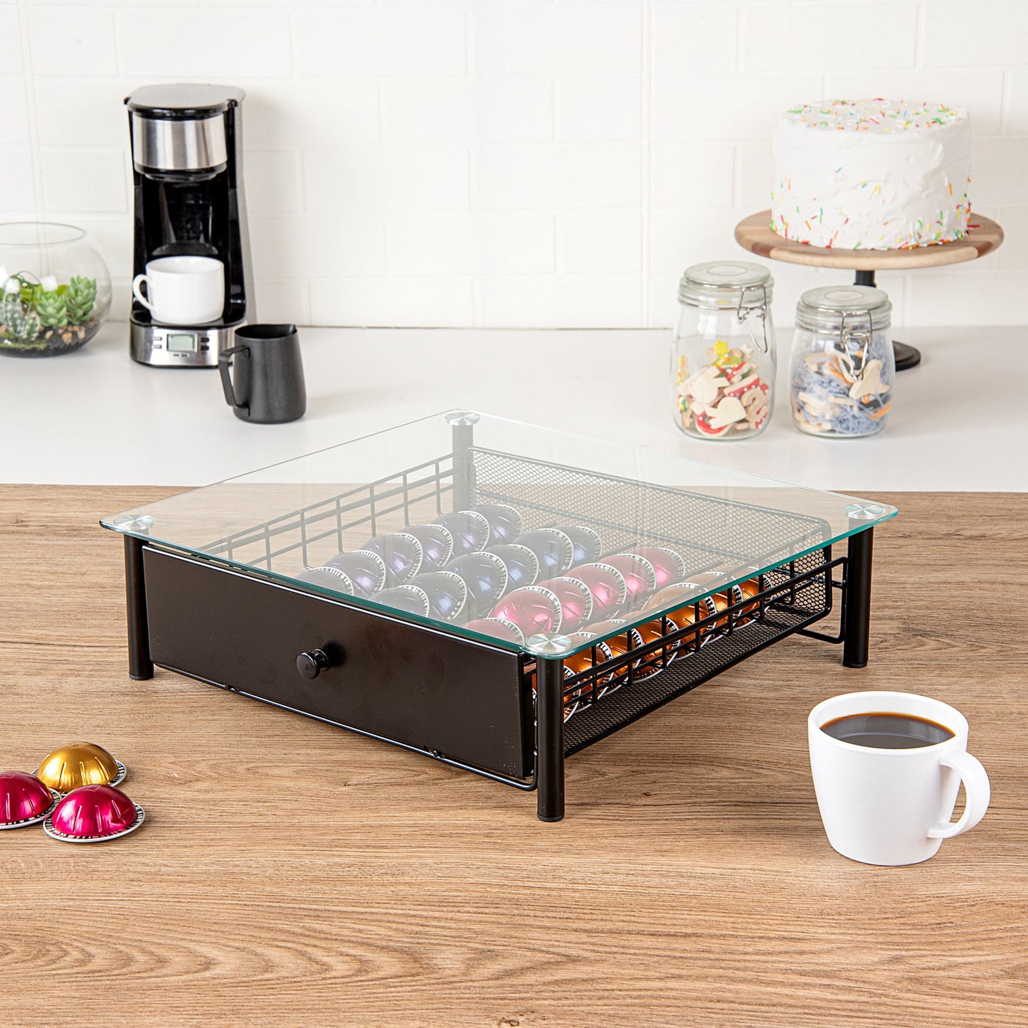Restpresso Iron Coffee Pod / Capsule Storage Drawer - Holds 36 Nespresso Vertuo Capsules - 15 1/2" x 14" x 4 1/4" - 1 count box