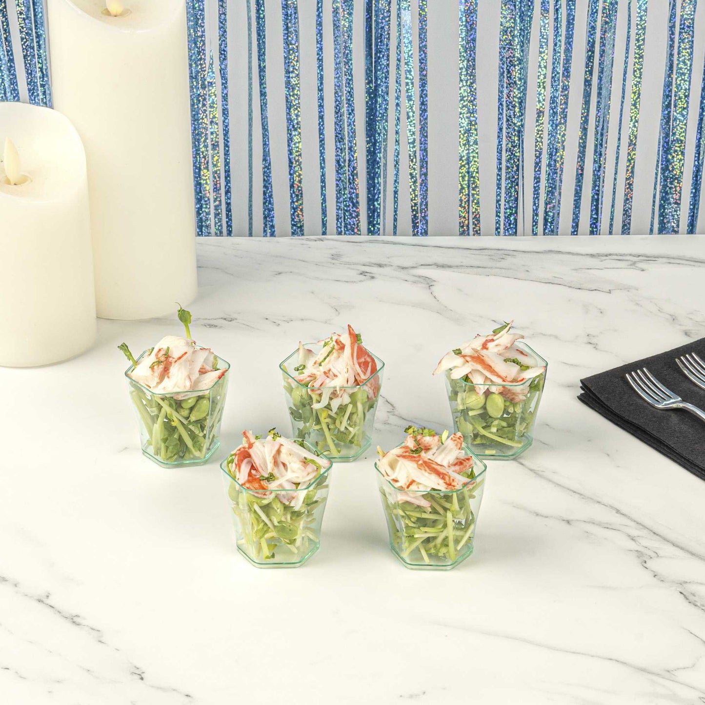 Mini Serve 2 oz Hexagon Seagreen Plastic Glass - 1 3/4" x 1 3/4" x 1 3/4" - 100 count box