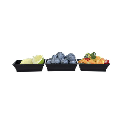 Mini Serve Rectangle Black Plastic Terzetto Mini Plate - 3 Compartments - 7 1/2" x 2 1/2" x 1/2" - 20 count box