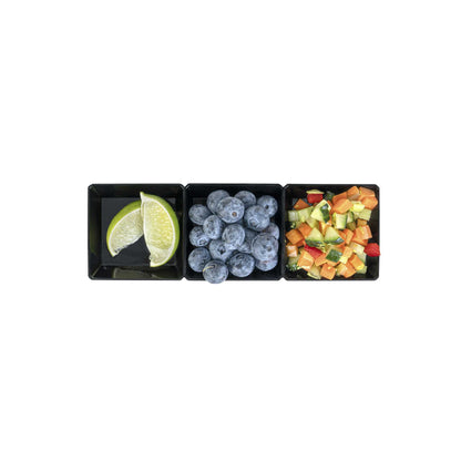 Mini Serve Rectangle Black Plastic Terzetto Mini Plate - 3 Compartments - 7 1/2" x 2 1/2" x 1/2" - 20 count box