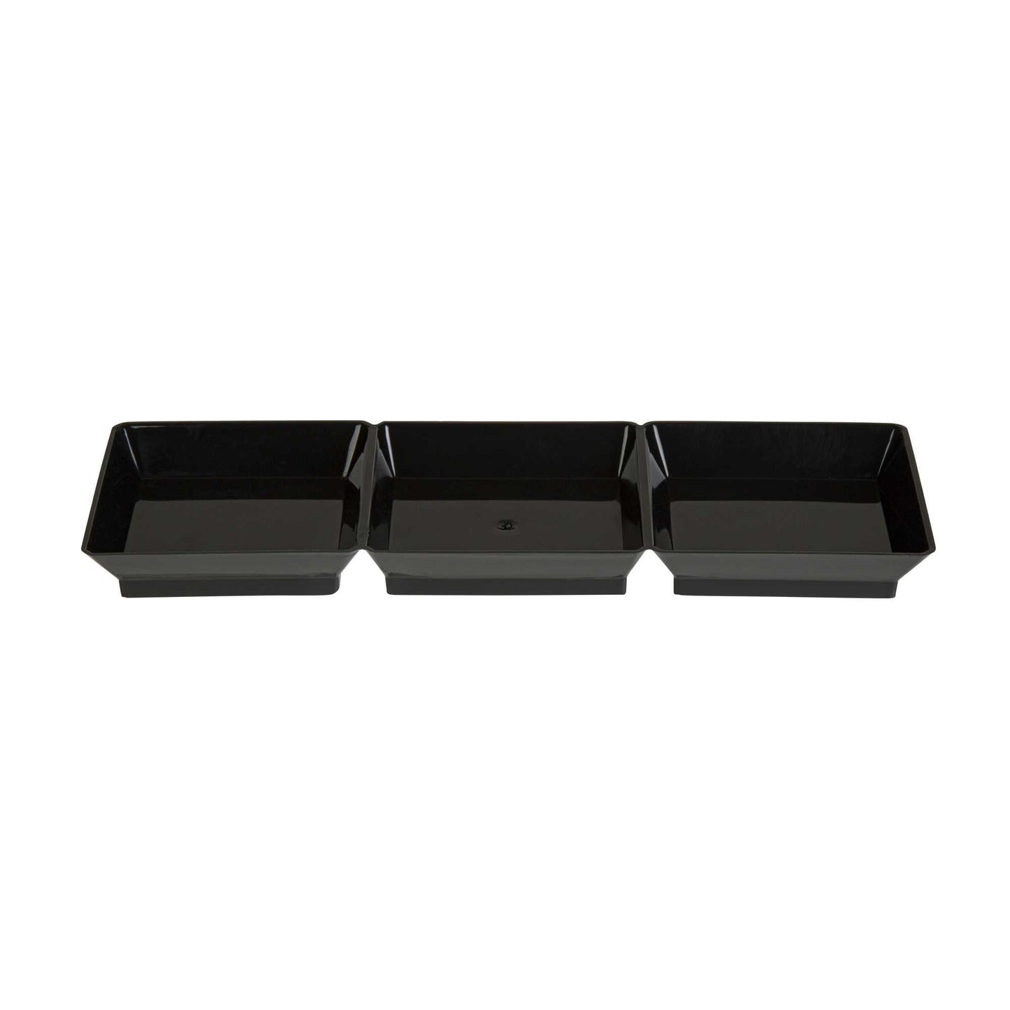 Mini Serve Rectangle Black Plastic Terzetto Mini Plate - 3 Compartments - 7 1/2" x 2 1/2" x 1/2" - 20 count box