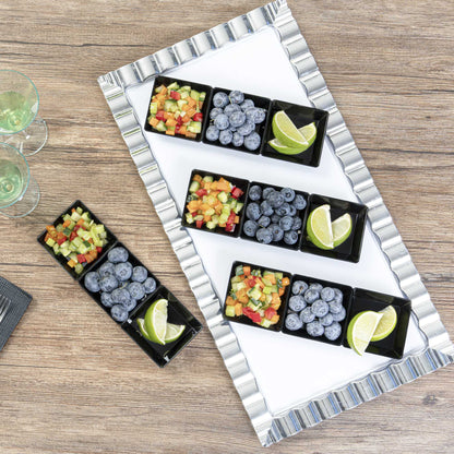 Mini Serve Rectangle Black Plastic Terzetto Mini Plate - 3 Compartments - 7 1/2" x 2 1/2" x 1/2" - 20 count box