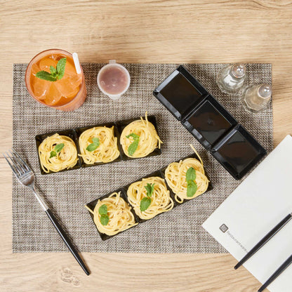 Mini Serve Rectangle Black Plastic Terzetto Mini Plate - 3 Compartments - 7 1/2" x 2 1/2" x 1/2" - 20 count box