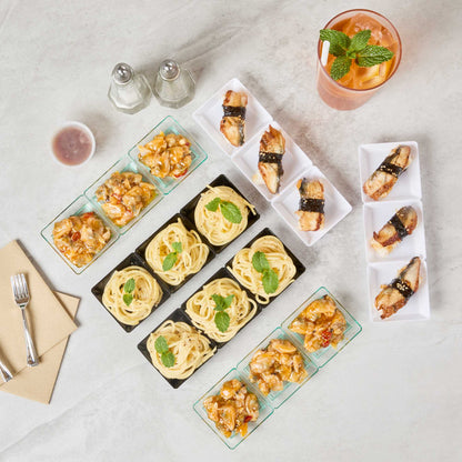 Mini Serve Rectangle Black Plastic Terzetto Mini Plate - 3 Compartments - 7 1/2" x 2 1/2" x 1/2" - 20 count box