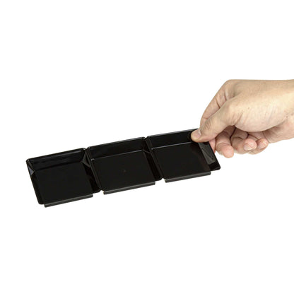 Mini Serve Rectangle Black Plastic Terzetto Mini Plate - 3 Compartments - 7 1/2" x 2 1/2" x 1/2" - 100 count box