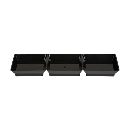 Mini Serve Rectangle Black Plastic Terzetto Mini Plate - 3 Compartments - 7 1/2" x 2 1/2" x 1/2" - 100 count box