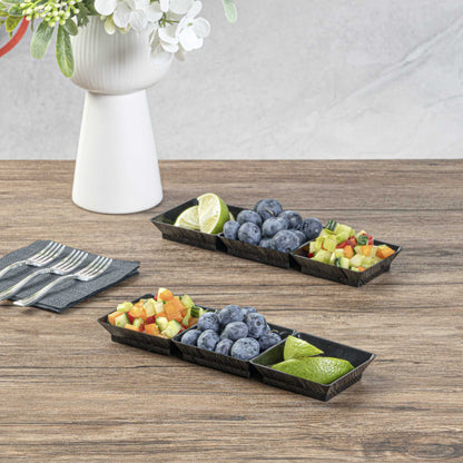 Mini Serve Rectangle Black Plastic Terzetto Mini Plate - 3 Compartments - 7 1/2" x 2 1/2" x 1/2" - 100 count box