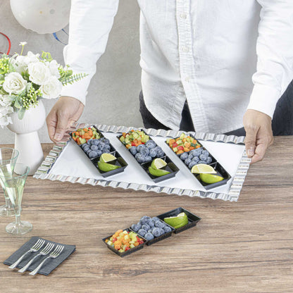 Mini Serve Rectangle Black Plastic Terzetto Mini Plate - 3 Compartments - 7 1/2" x 2 1/2" x 1/2" - 100 count box