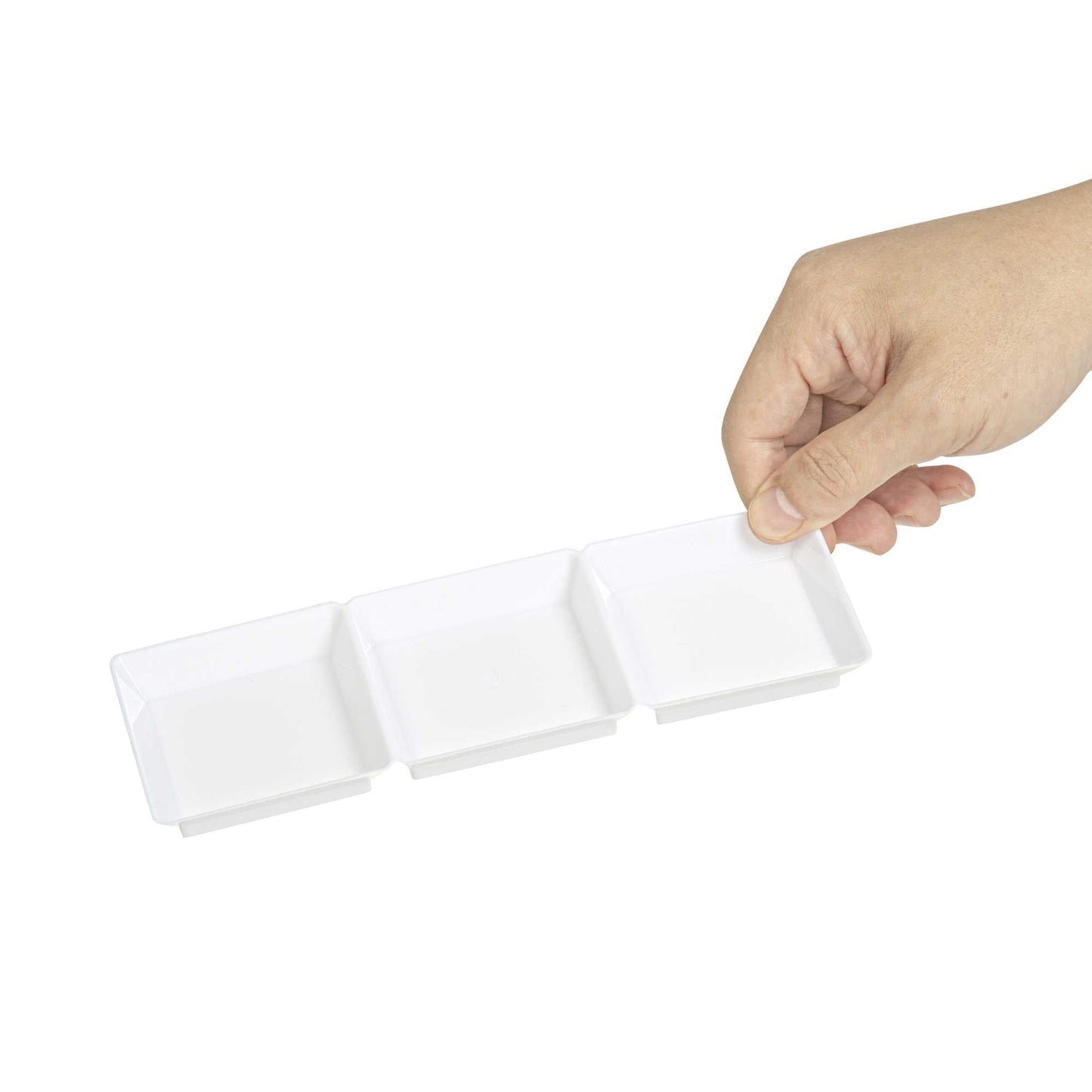 Mini Serve Rectangle White Plastic Terzetto Mini Plate - 3 Compartments - 7 1/2" x 2 1/2" x 1/2" - 20 count box
