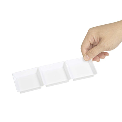 Mini Serve Rectangle White Plastic Terzetto Mini Plate - 3 Compartments - 7 1/2" x 2 1/2" x 1/2" - 20 count box