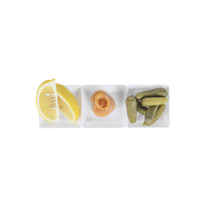 Mini Serve Rectangle White Plastic Terzetto Mini Plate - 3 Compartments - 7 1/2" x 2 1/2" x 1/2" - 20 count box