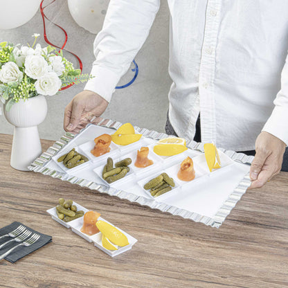 Mini Serve Rectangle White Plastic Terzetto Mini Plate - 3 Compartments - 7 1/2" x 2 1/2" x 1/2" - 20 count box