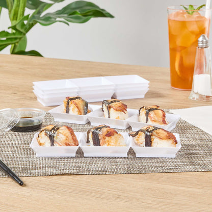 Mini Serve Rectangle White Plastic Terzetto Mini Plate - 3 Compartments - 7 1/2" x 2 1/2" x 1/2" - 20 count box
