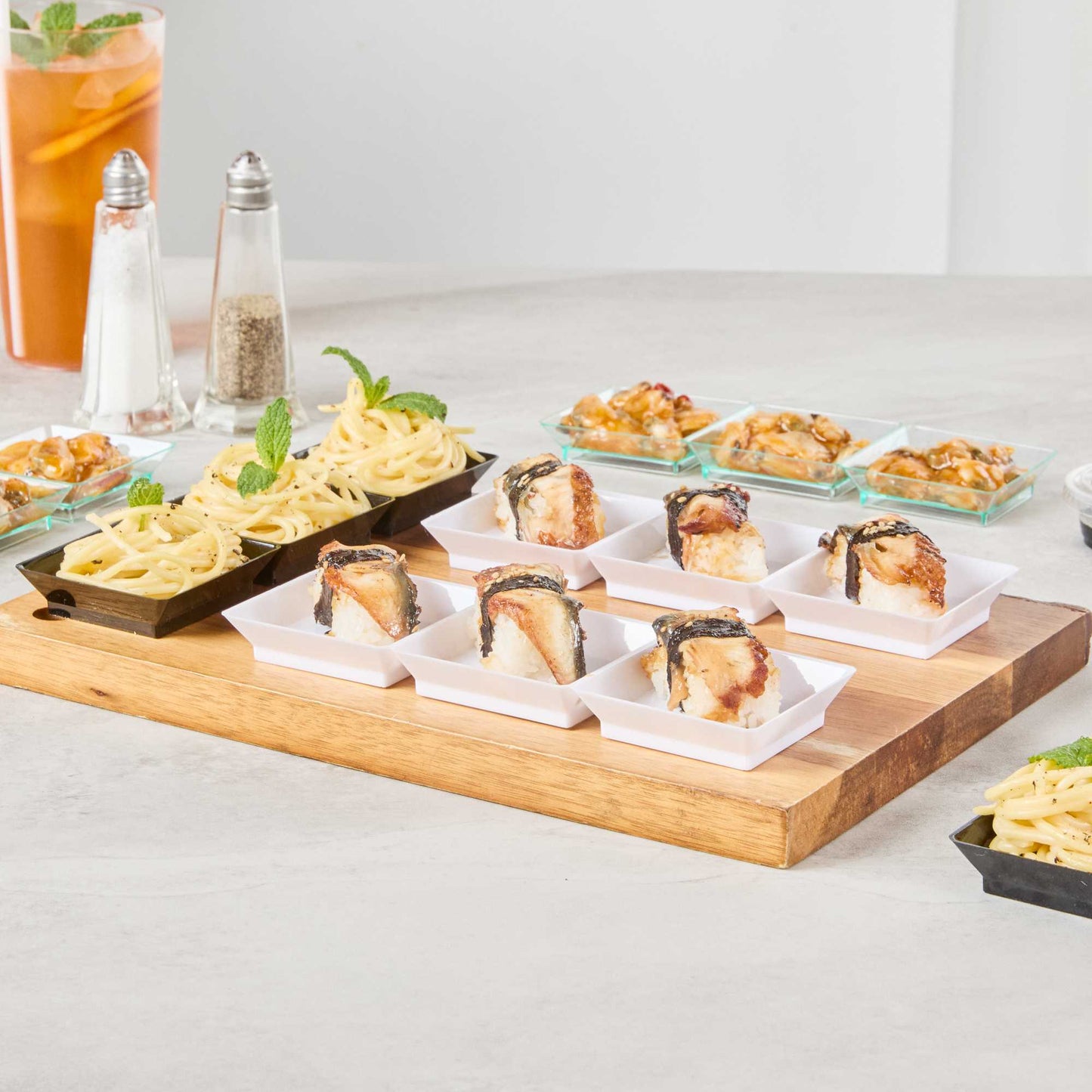 Mini Serve Rectangle White Plastic Terzetto Mini Plate - 3 Compartments - 7 1/2" x 2 1/2" x 1/2" - 20 count box