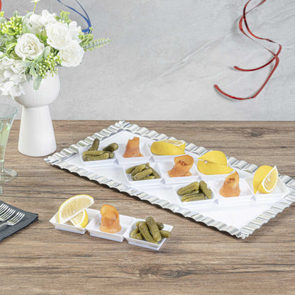 Mini Serve Rectangle White Plastic Terzetto Mini Plate - 3 Compartments - 7 1/2" x 2 1/2" x 1/2" - 100 count box