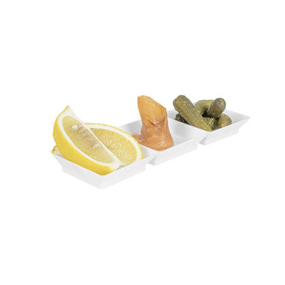 Mini Serve Rectangle White Plastic Terzetto Mini Plate - 3 Compartments - 7 1/2" x 2 1/2" x 1/2" - 100 count box