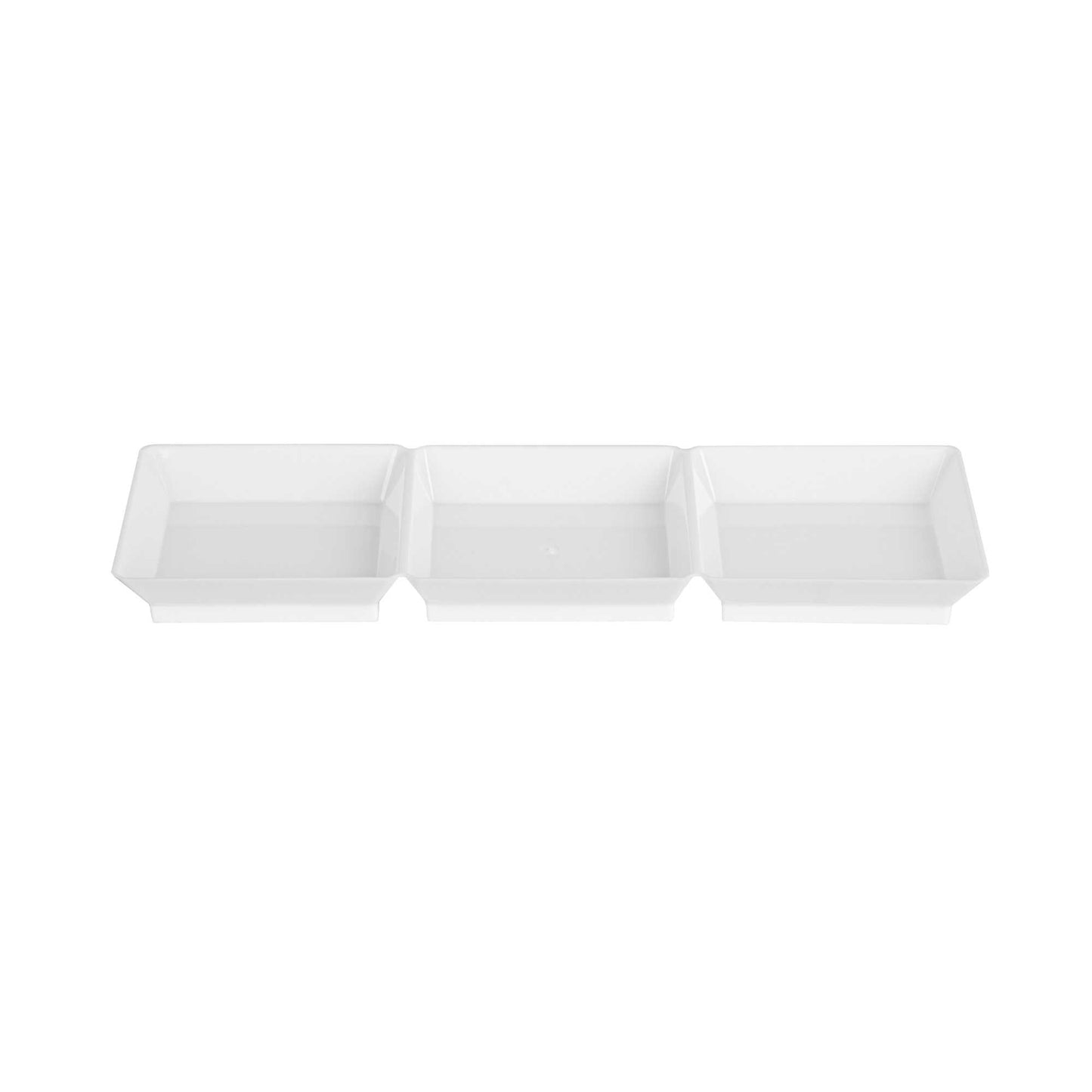 Mini Serve Rectangle White Plastic Terzetto Mini Plate - 3 Compartments - 7 1/2" x 2 1/2" x 1/2" - 100 count box