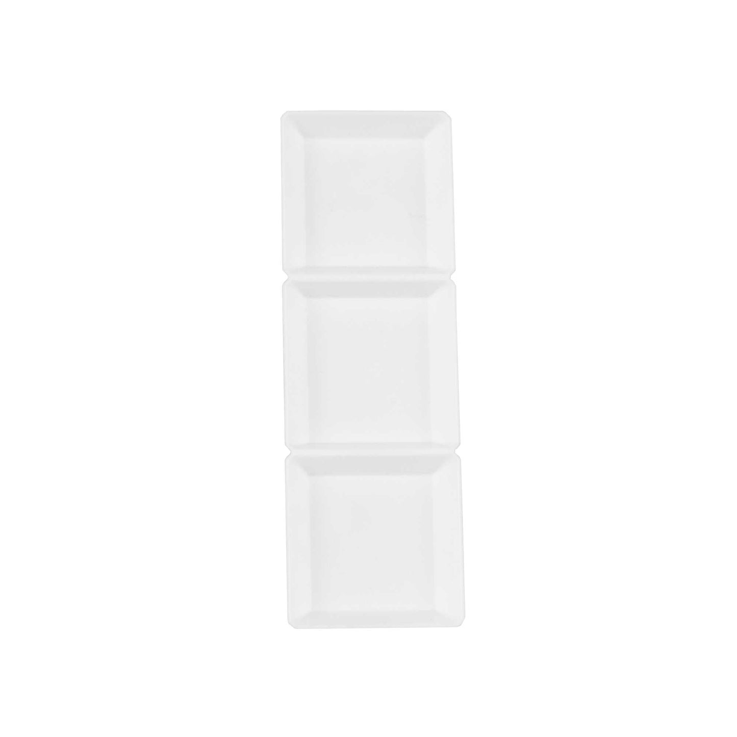 Mini Serve Rectangle White Plastic Terzetto Mini Plate - 3 Compartments - 7 1/2" x 2 1/2" x 1/2" - 100 count box