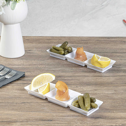 Mini Serve Rectangle White Plastic Terzetto Mini Plate - 3 Compartments - 7 1/2" x 2 1/2" x 1/2" - 100 count box