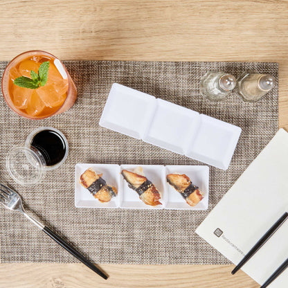 Mini Serve Rectangle White Plastic Terzetto Mini Plate - 3 Compartments - 7 1/2" x 2 1/2" x 1/2" - 100 count box