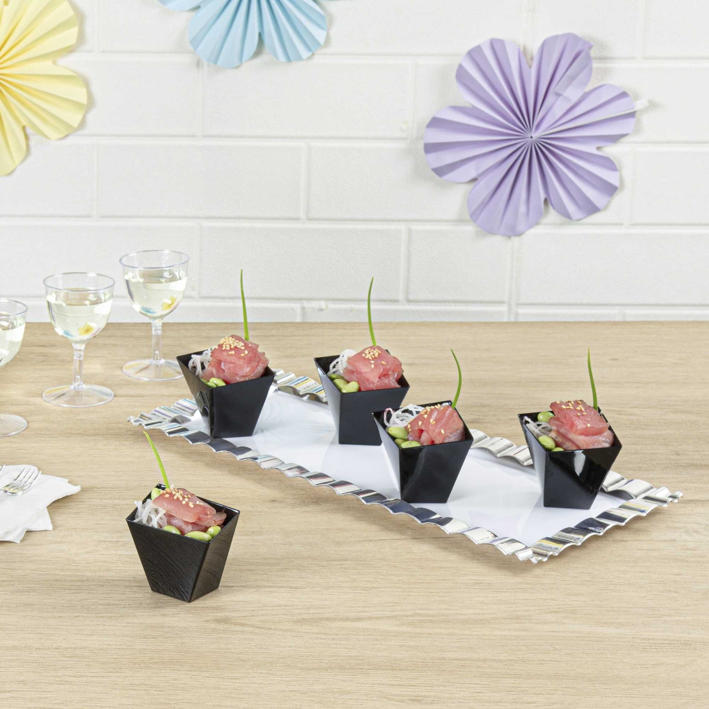 Mini Serve 2 oz Square Black Plastic Girata Dessert Dish - 2" x 2" x 1 3/4" - 100 count box