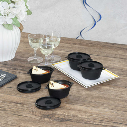 Mini Serve 3 oz Oval Black Plastic Mini Kettle Dish - 3" x 2 1/4" x 1 1/2" - 100 count box