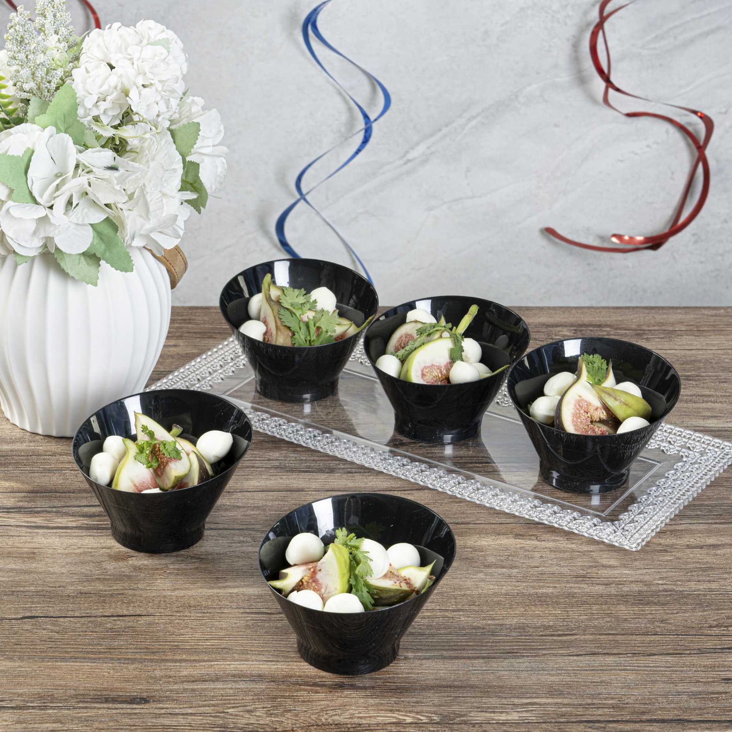 Mini Serve 7 oz Round Black Plastic Incline Bowl - 4 1/4" x 4 1/4" x 2 3/4" - 20 count box