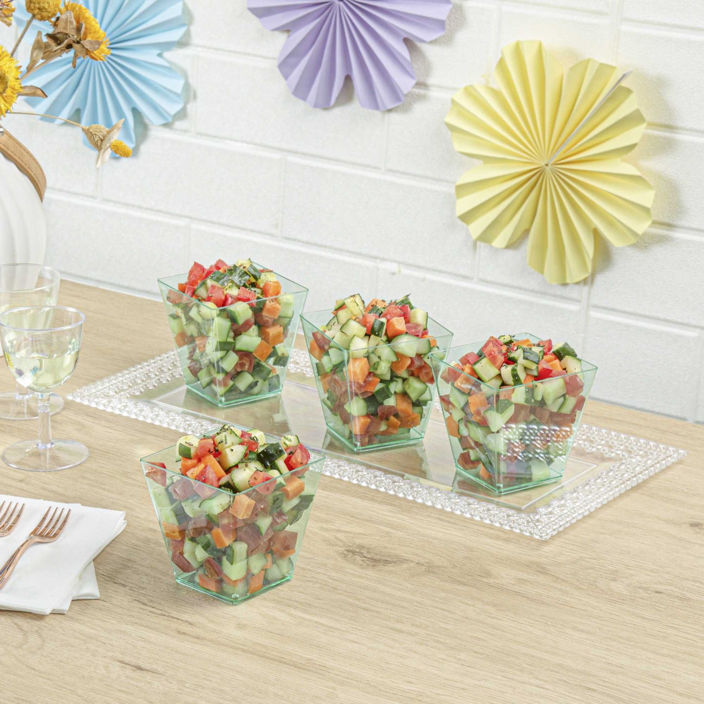 Mini Serve 8 oz Square Seagreen Plastic Large Kova Cup - 2 3/4" x 2 3/4" x 2 3/4" - 20 count box