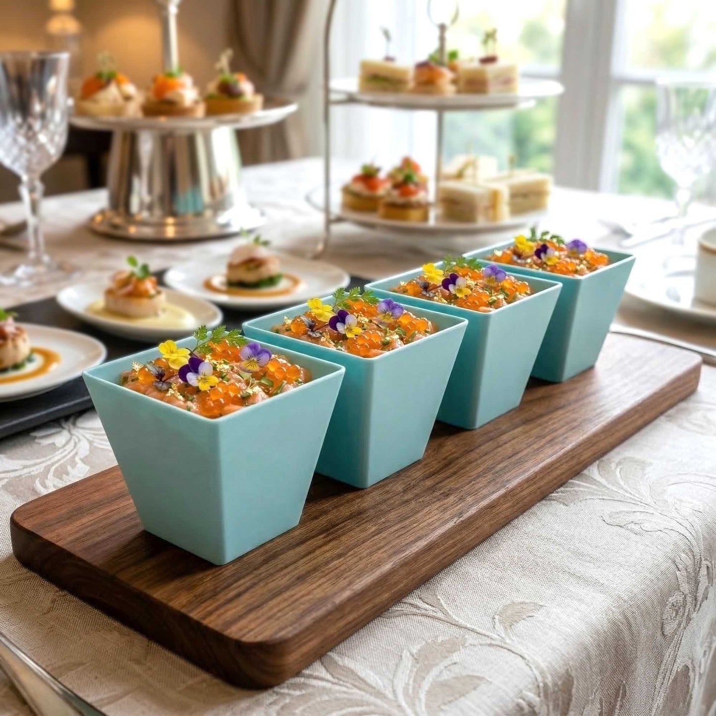 Mini Serve 8 oz Square Baby Blue Plastic Large Kova Cup - Limited Edition - 2 3/4" x 2 3/4" x 2 3/4" - 100 count box