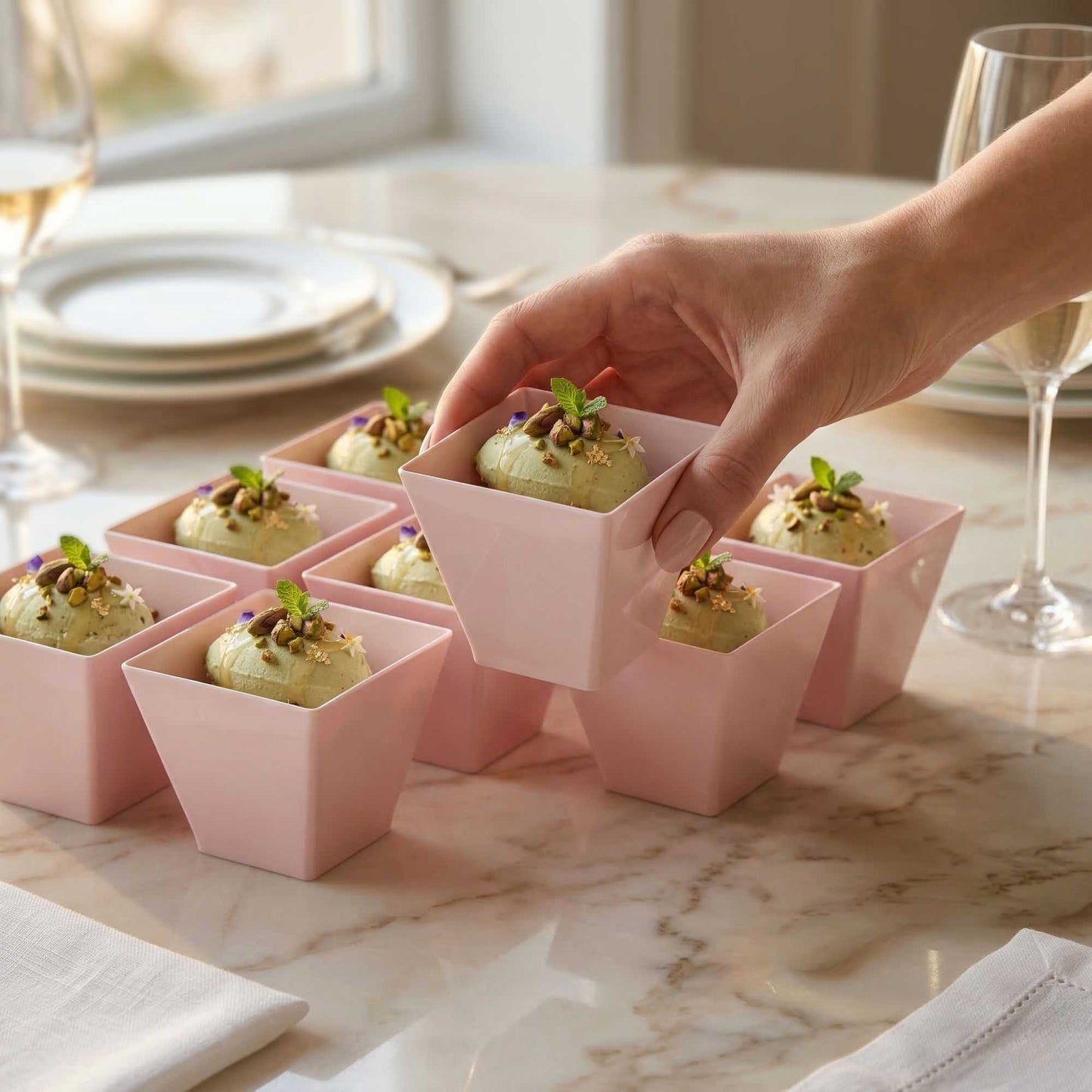 Mini Serve 8 oz Square Powder Pink Plastic Large Kova Cup - Limited Edition - 2 3/4" x 2 3/4" x 2 3/4" - 100 count box