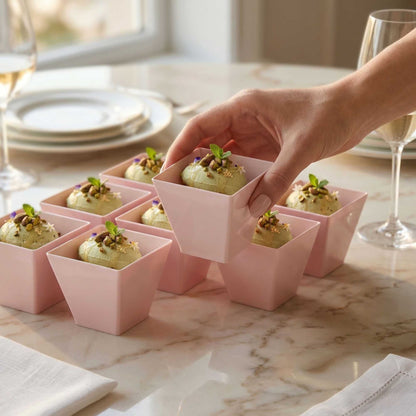 Mini Serve 8 oz Square Powder Pink Plastic Large Kova Cup - Limited Edition - 2 3/4" x 2 3/4" x 2 3/4" - 100 count box