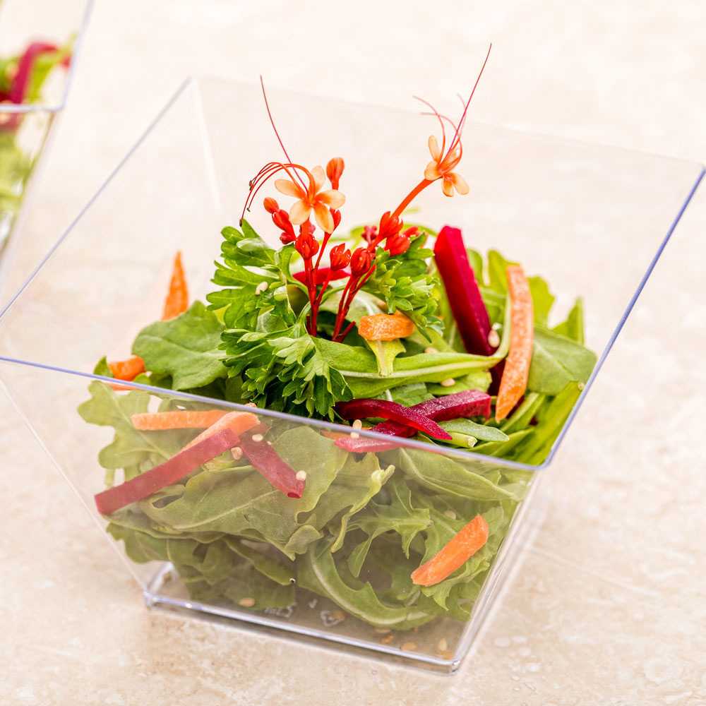Mini Serve 16 oz Square Clear Plastic Large Kova Bowl - 4 1/4" x 4 1/4" x 3" - 25 count box